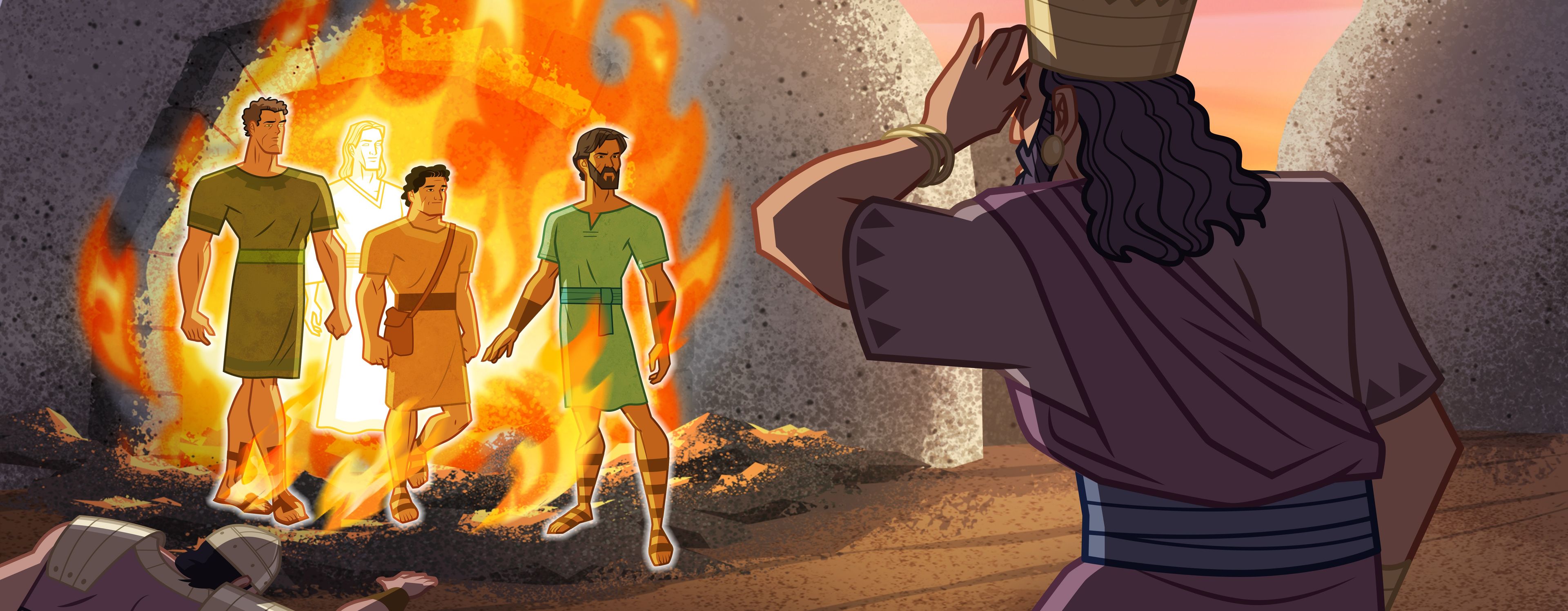 Illustrazione di tre uomini che escono dalle fiamme. 
Daniele 3:26–27