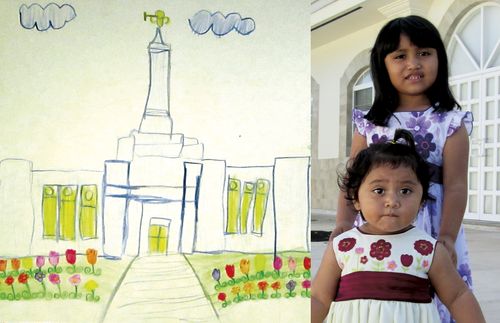 sisters and a drawing of the temple