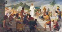 Christ in white robes stands at the top of stone steps and is surrounded by people worshipping him. Mountains, trees and partially crumbled buildings are visible in the background. Depiction of Christ as a resurrected being appearing to the Nephites. (3 Nephi 11:10)  This painting portrays the scene in The Book of Mormon when the resurrected Jesus Christ appears to the Nephites after three days of darkness and destruction following Christ’s crucifixion. At the top of a broad stairway scattered with rubble, Jesus stands, dressed in white, his arms outstretched revealing the nail prints in his hands as he bids the gathered multitude of men, women and children to come unto him (3 Nephi 11:1-17).   This painting portrays the scene in The Book of Mormon when the resurrected Jesus Christ appears to the Nephites after three days of darkness and destruction following Christ’s crucifixion. At the top of a broad stairway scattered with rubble, Jesus stands, dressed in white, his arms outstretched revealing the nail prints in his hands as he bids the gathered multitude of men, women and children to come unto him (3 Nephi 11:1-17).