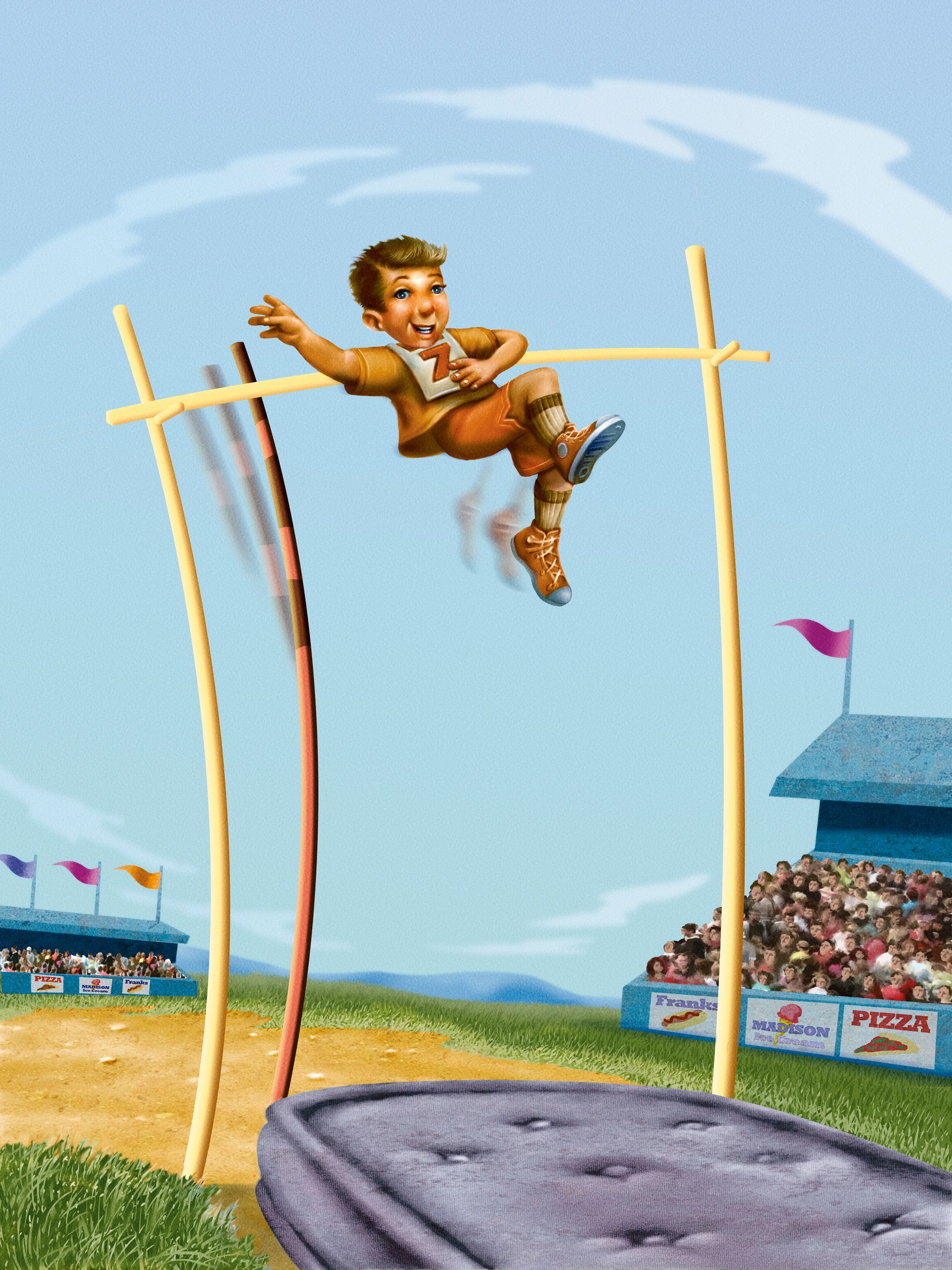 A boy jumps over a pole vault in front of a stadium full of people.