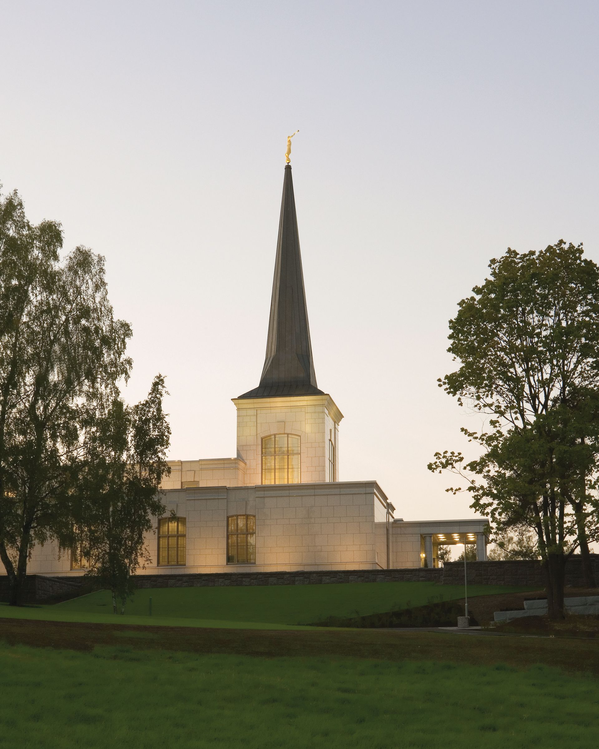 A view of the Helsinki Finland Temple from the temple grounds.