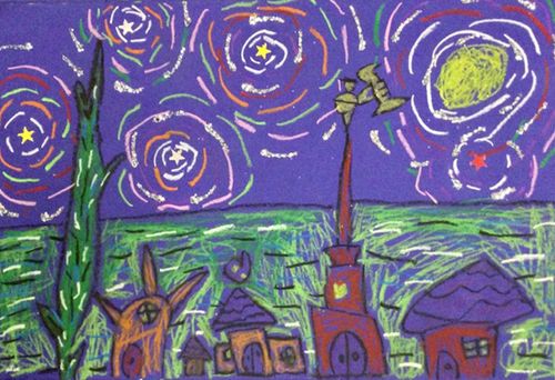 Child’s drawing of temple and other buildings against a starry night sky