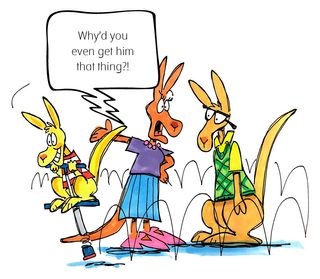 A cartoon with a dad kangaroo, a mom kangaroo, and a child kangaroo, who is on a pogo stick. The mom is asking the dad, "Why did you even get him that thing?"