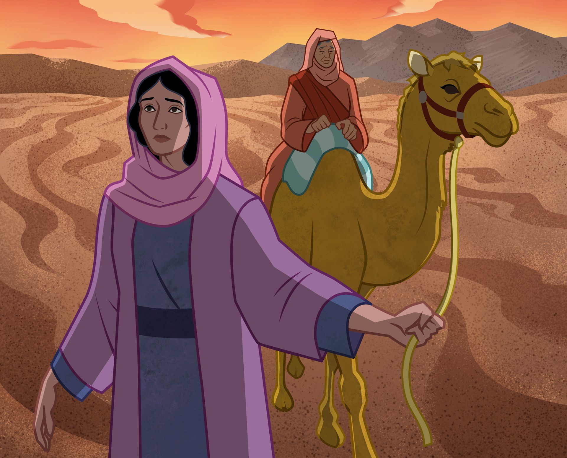 Illustration of Ruth and Naomi traveling with camel. Ruth 1:16–19