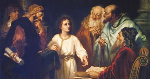 Jesus Christ at age twelve in the temple at Jerusalem during the Feast of the Passover. A group of learned Jewish doctors are gathered around Christ. The doctors are expressing astonishment at the wisdom and understanding of the young Christ. (Luke 2:41-50)