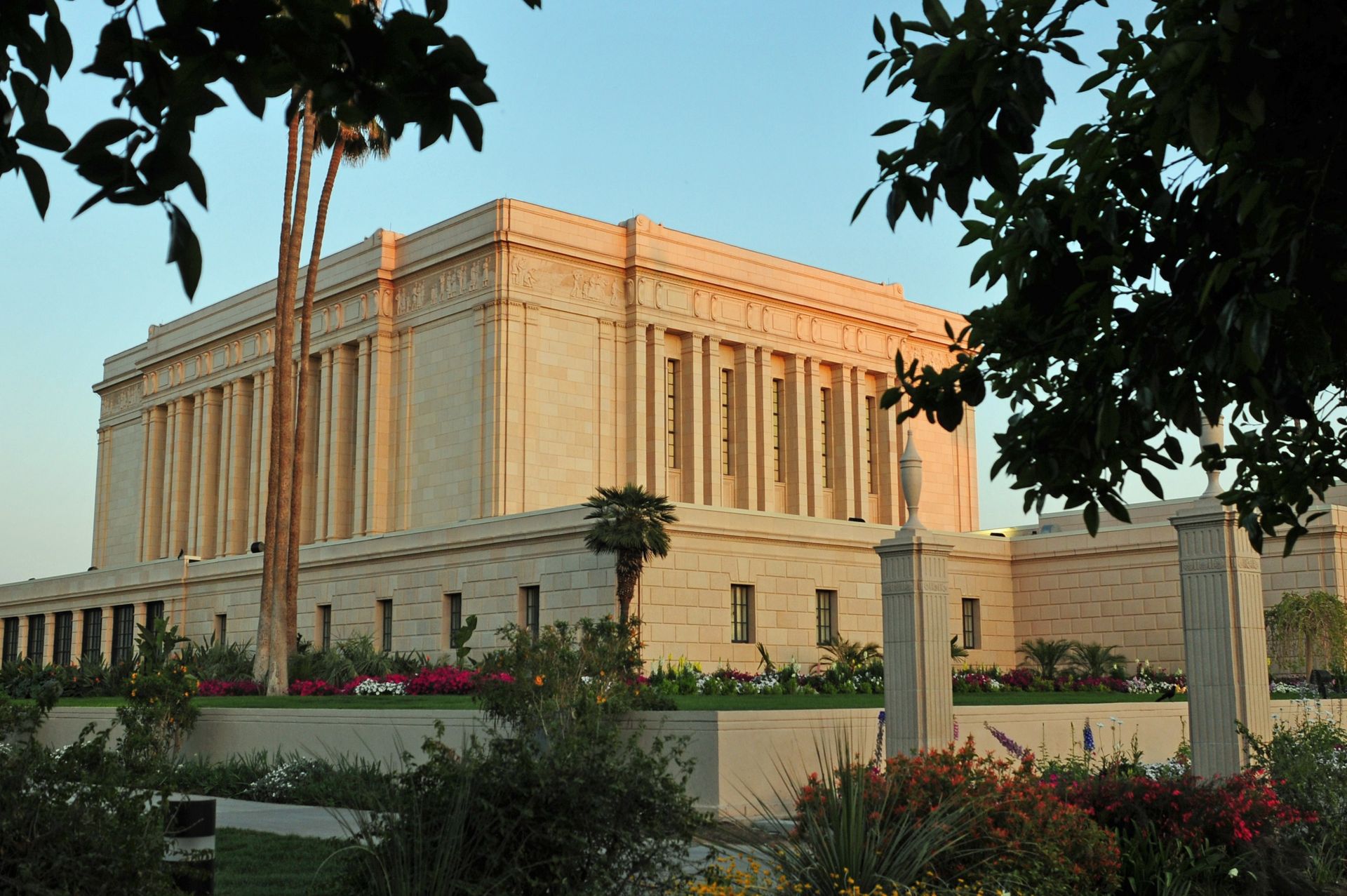 The Mesa Arizona Temple at sunset, including the exterior of the temple and scenery.
