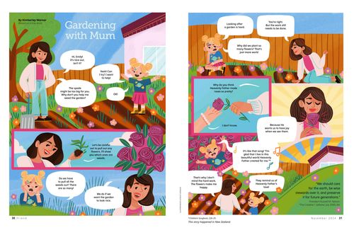 Comic-style story PDF with images of a girl and her mom working in a garden