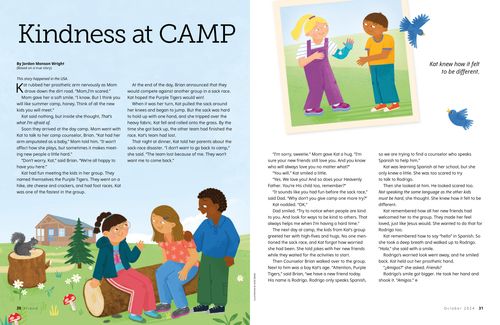 Story PDF with images of children being kind to each other at an outdoor camp