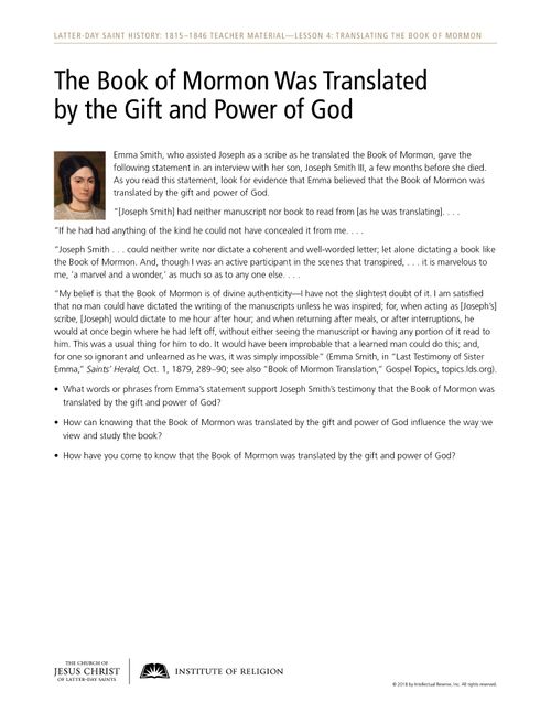 Handout: The Book of Mormon Was Translated by the Gift and Power of God