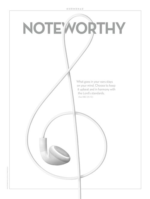 An image of earbud-style headphones in the shape of a music symbol, paired with the word “Noteworthy.”