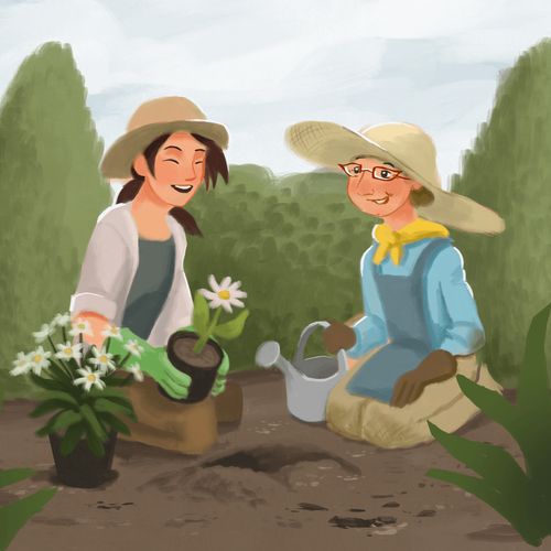 young woman and mother planting flowers