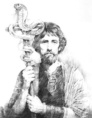 Moses holding staff with serpent