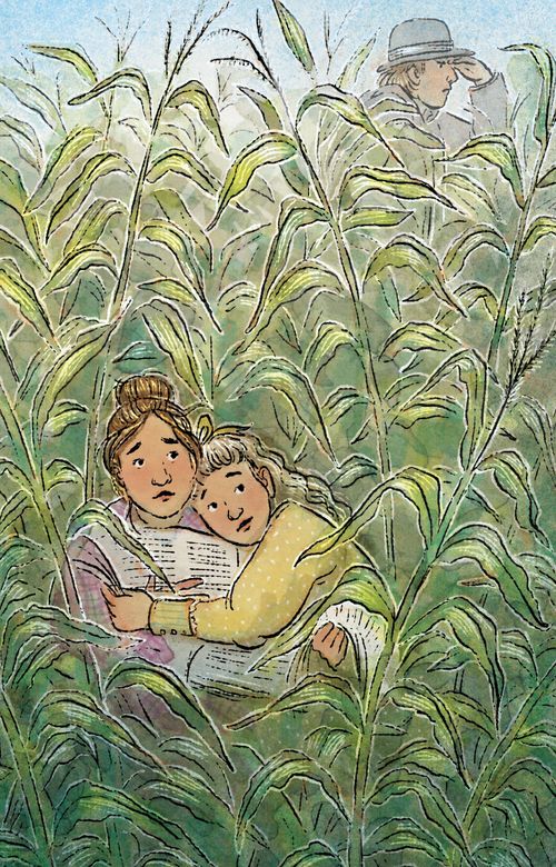 girls hiding in cornfield