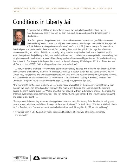 Conditions in Liberty Jail handout