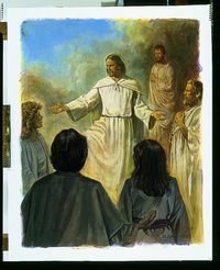 Jesus Christ in the pre-mortal life. Christ is depicted wearing white robes. He is teaching people who are gathered around Him.