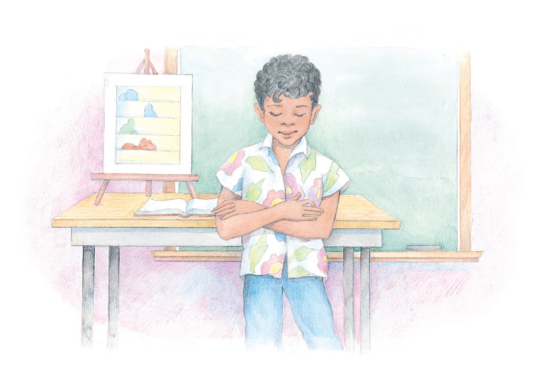 A boy stands at the head of a classroom, saying a prayer. From the Children’s Songbook, page 19, “Heavenly Father, Now I Pray”; watercolor illustration by Phyllis Luch.