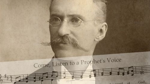 Portrait of Joseph Daynes and the sheet music to "Come Listen to a Prophet's Voice."