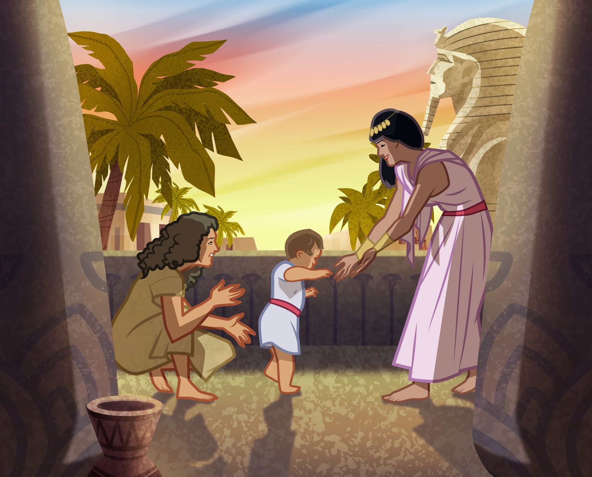 Ilustración de la hija de Faraón, Jocabed y Moisés. 
Éxodo 2:10
