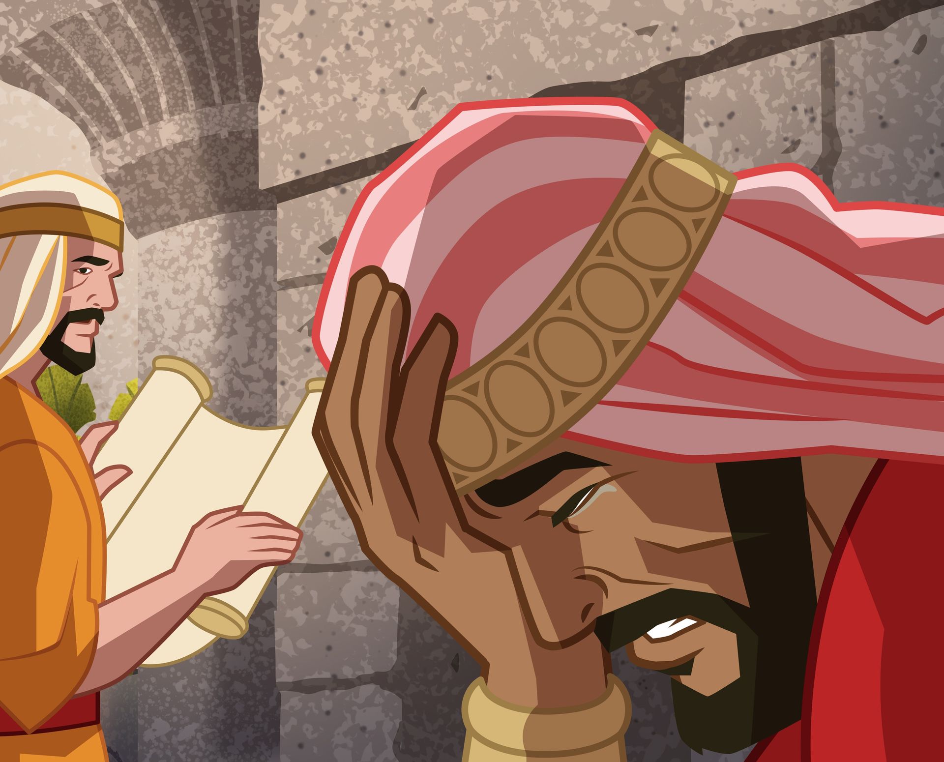 Ilustración del rey Josías triste, escuchando el libro de la ley. 
2 Reyes 22:10–13, 19