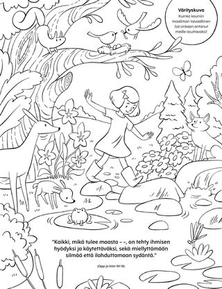 a coloring page of a girl walking through a forest scene