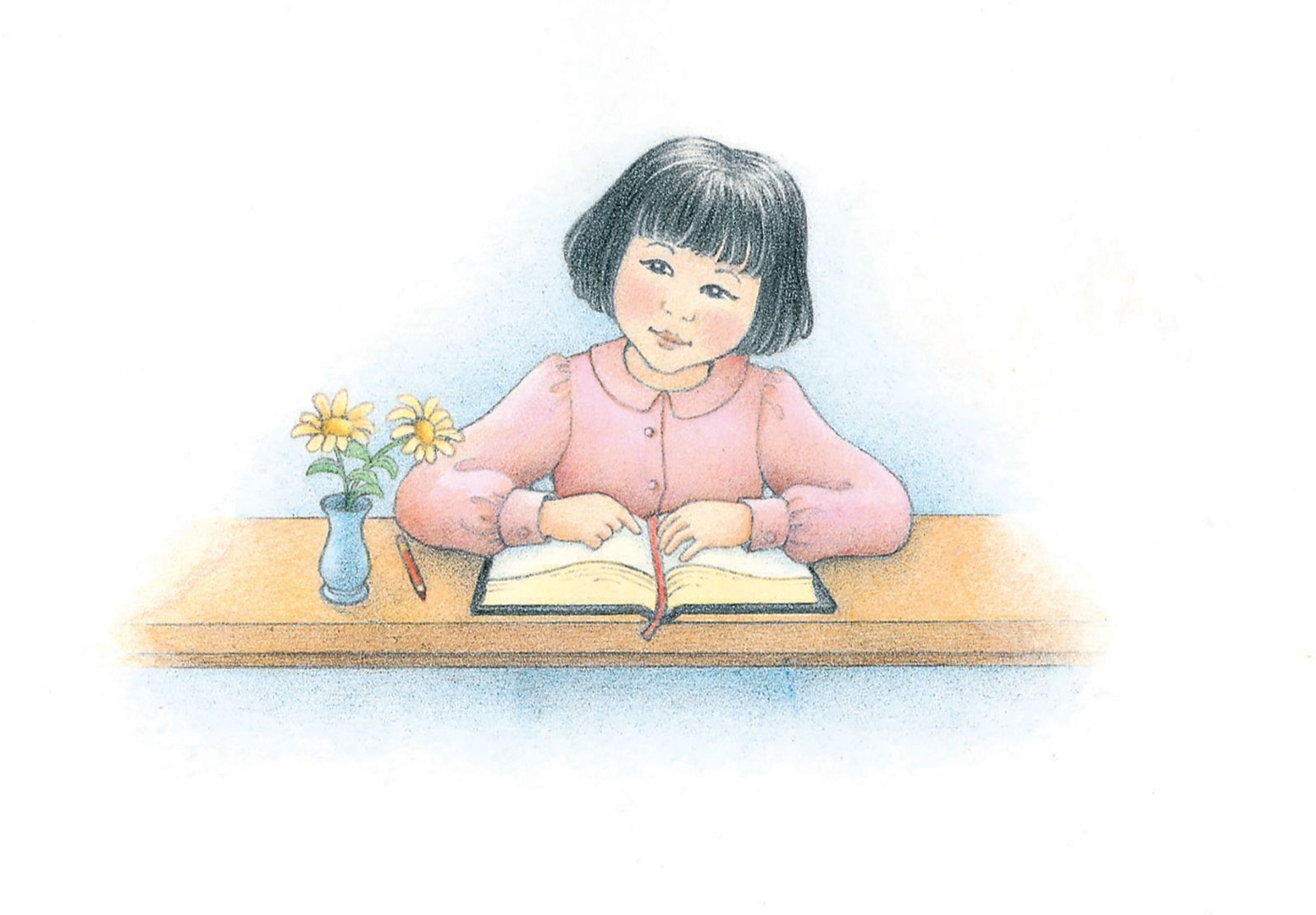 A girl studying the scriptures at a desk. From the Children’s Songbook, page 127, “The Eighth Article of Faith”; watercolor illustration by Beth Whittaker.