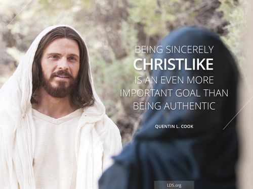 An image of the resurrected Christ speaking to Mary Magdalene at his tomb with the words “Being sincerely Christlike is an even more important goal than being authentic.”