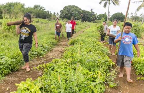 Fanguna family walking in their fields