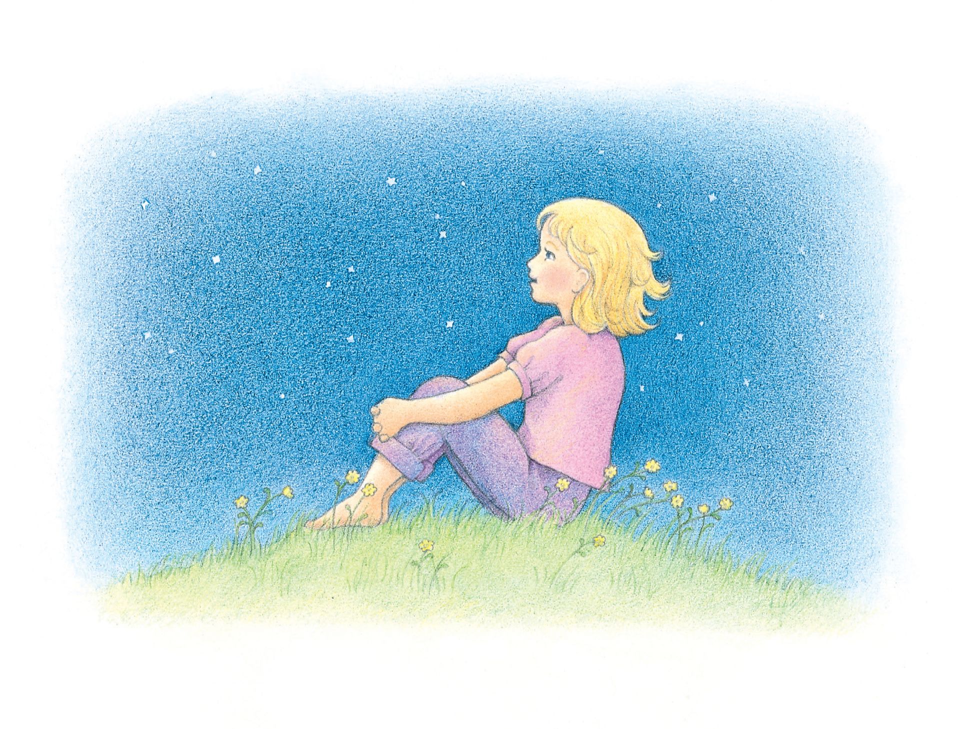 A girl sitting on a hill, looking up at the stars. From the Children’s Songbook, page 163, “I Am like a Star”; watercolor illustration by Beth Whittaker.