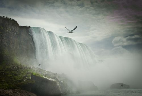 Three birds fly through mist over Niagara Falls, with clouds in the sky.