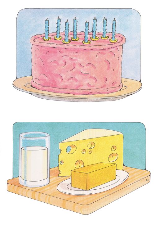 Two Primary cutouts of a pink birthday cake with eight blue candles and a wooden tray with a glass of milk, a slice of cheese, and butter on a plate.