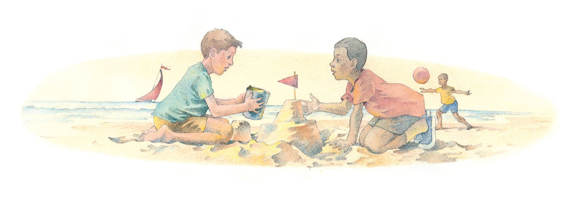 Two boys build a sand castle together on a beach. From the Children’s Songbook, page 263, “We Are Different”; watercolor illustration by Richard Hull.