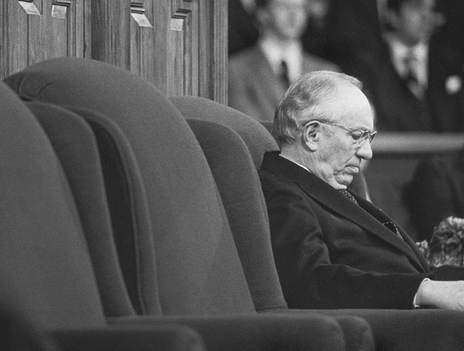 Between 1981 and 1985, Gordon B. Hinckley frequently presided at general conference alone due to Spencer W. Kimball’s and Marion G. Romney’s health problems.