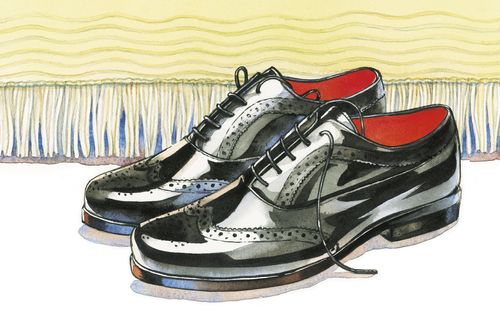 illustration of pair of shoes by bed