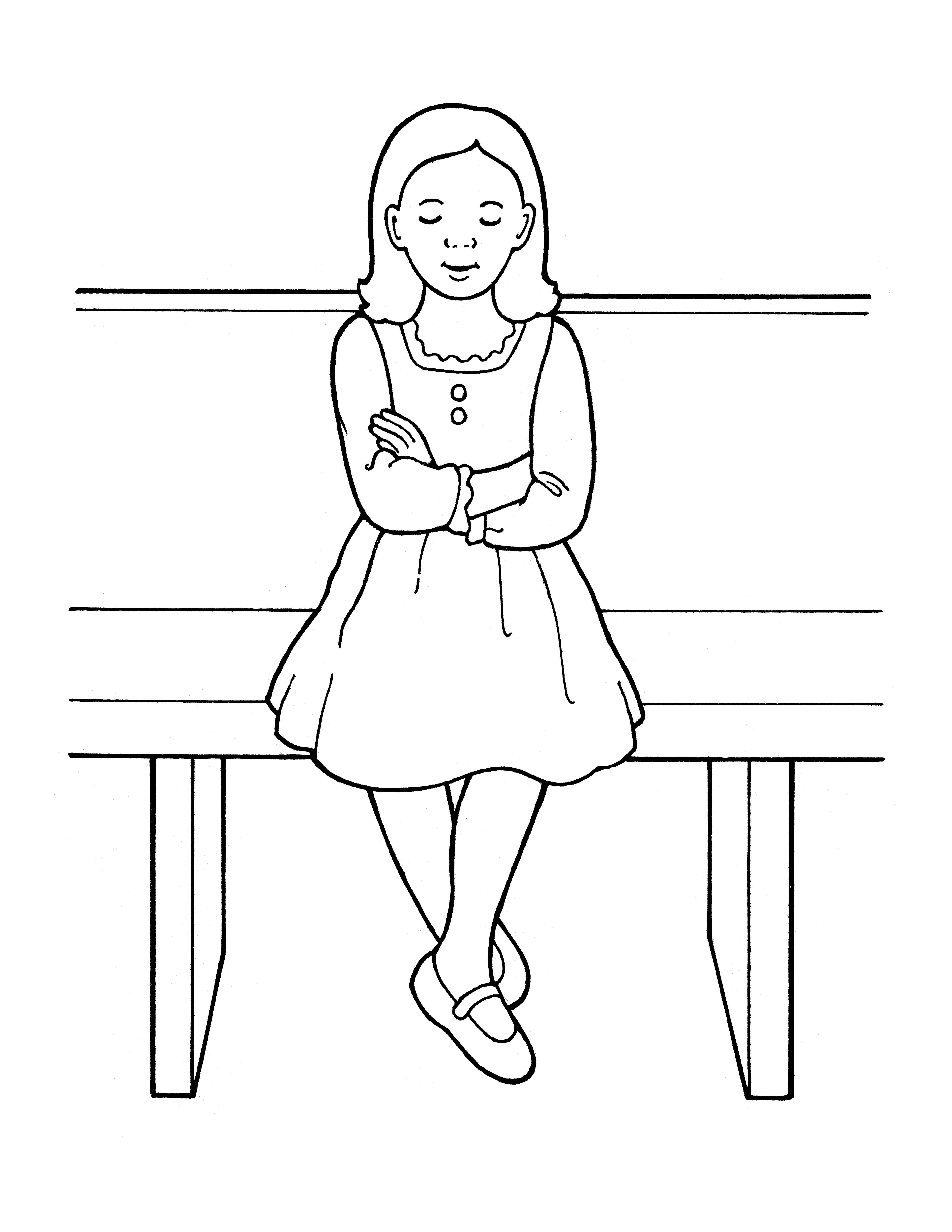 An illustration of a young girl folding her arms during the sacrament, from the nursery manual Behold Your Little Ones (2008), page 115.