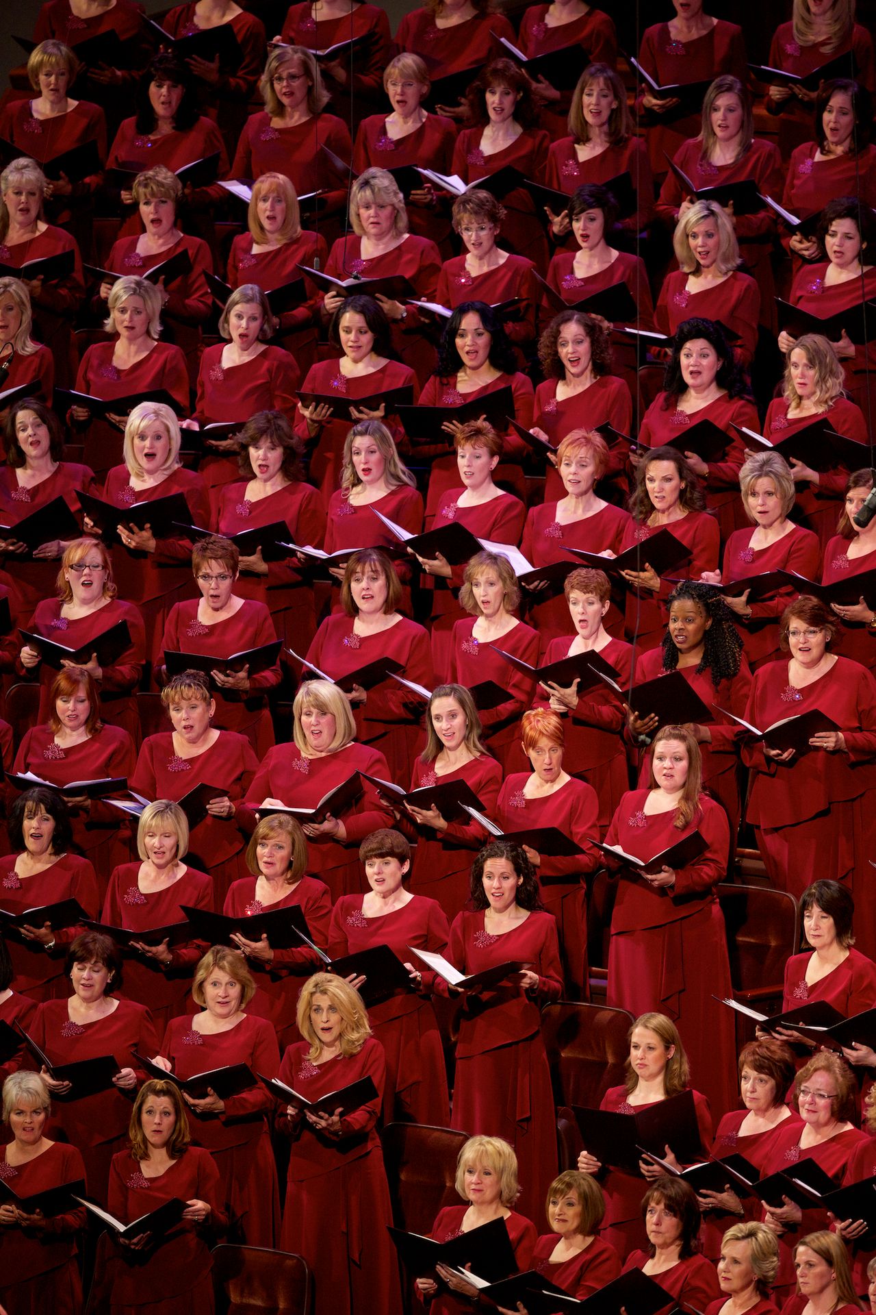A section of women in the Mormon Tabernacle Choir singing in the October 2013 general conference.