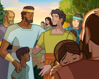 the Nephite men greet their families and Gideon