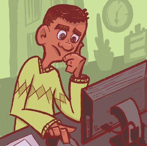 young man at computer, thinking