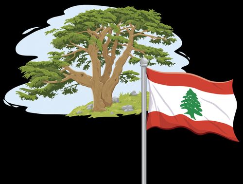 Illustrations of the Cedars of Lebanon, the Lebanon flag, and a cityscape of Beirut, Lebanon.