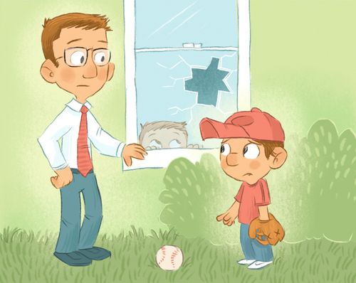 Boy with baseball glove standing next to a broken window, pointing to a baseball on the ground while speaking to his father