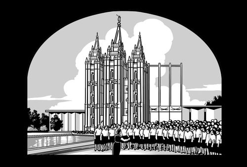 women’s choir in front of Salt Lake Temple replica