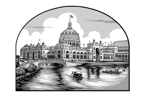 palatial domed building behind wide canal with bridge and boats