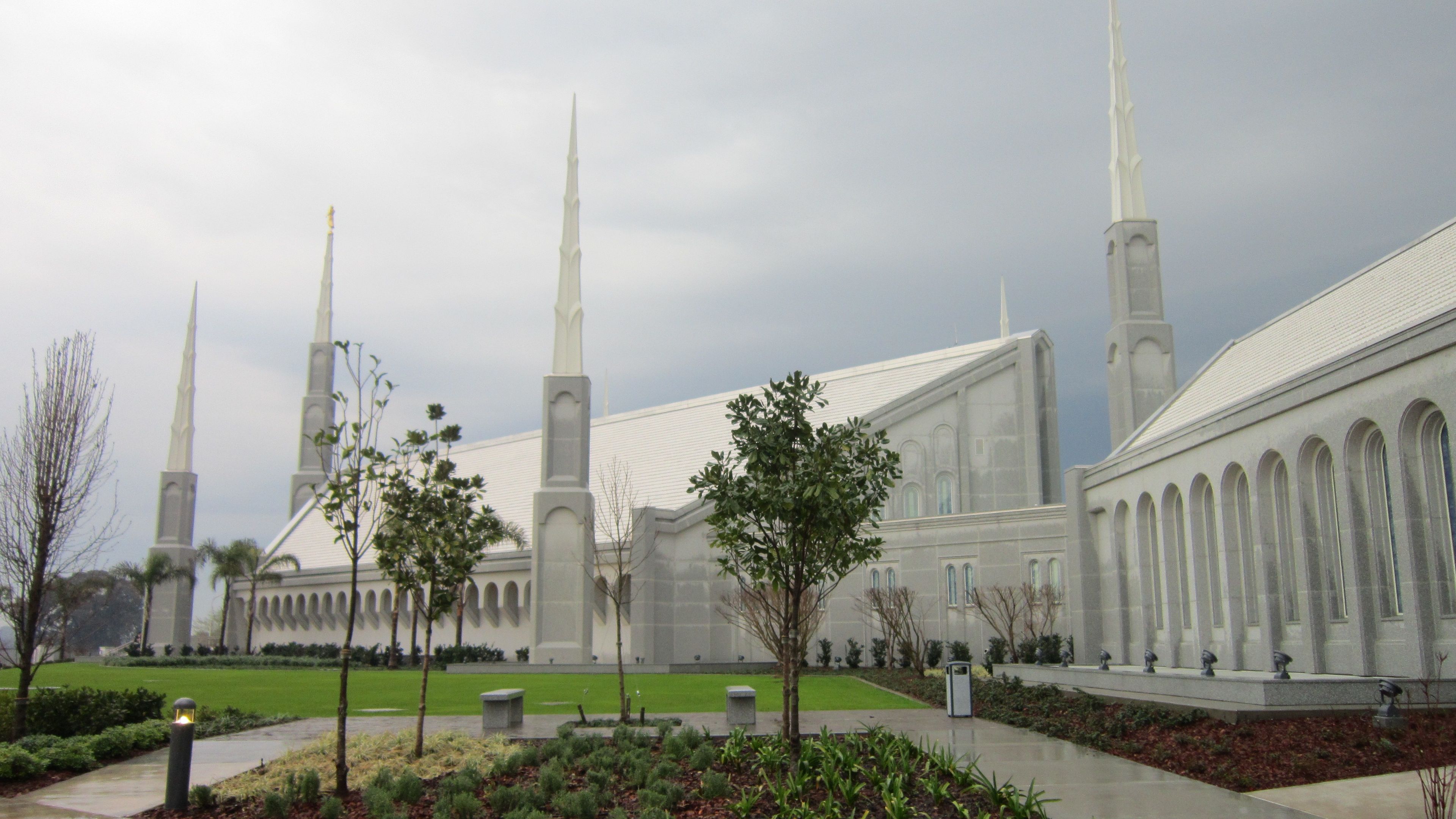 A view of the Buenos Aires Argentina Temple from the temple grounds.