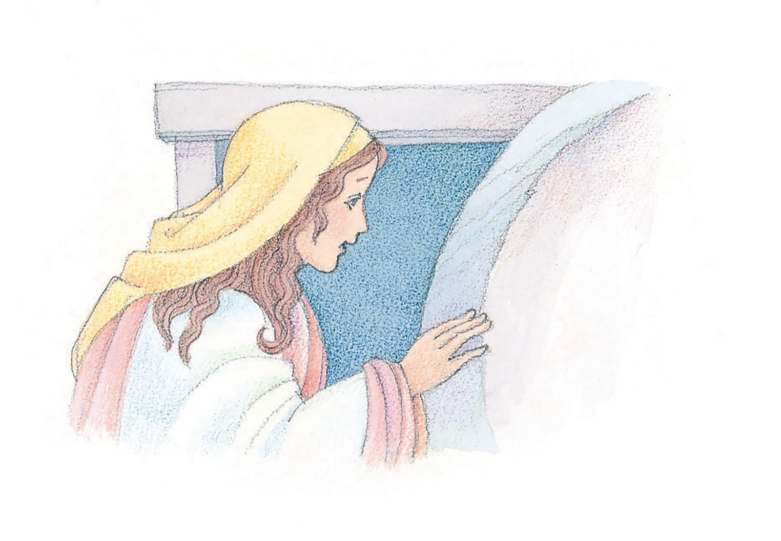 Mary peering into the empty tomb. From the Children’s Songbook, page 64, “Did Jesus Really Live Again?”; watercolor illustration by Phyllis Luch.