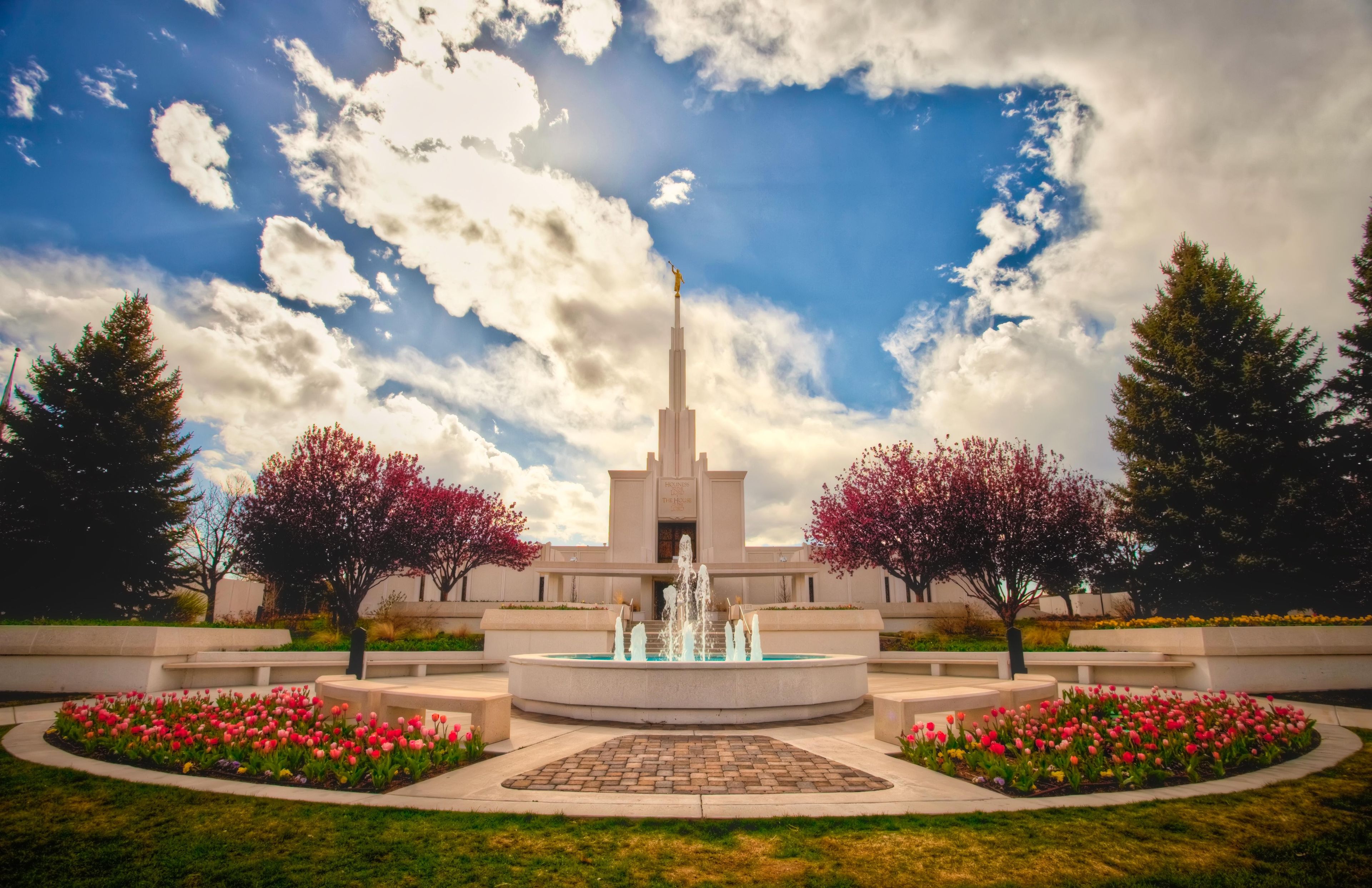A landscape view of the Denver Colorado Temple and temple grounds.