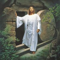 The resurrected Jesus Christ (dressed in white robes) standing at the entrance to the Garden Tomb. Christ is portrayed looking toward the heavens.