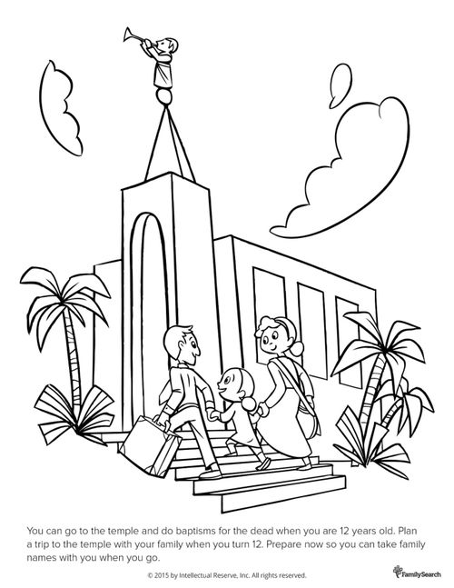 A black-and-white drawing of a father and mother holding hands with their daughter as they walk up the temple stairs together.