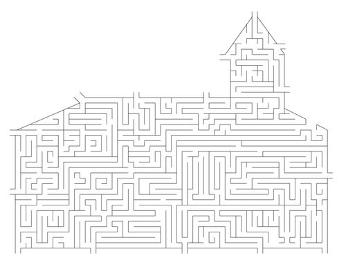Multiple entrances and exits to guide children through a large maze in the shape of a church.