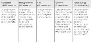 tabell, fem deler av et gruppemøte for selvhjulpenhet