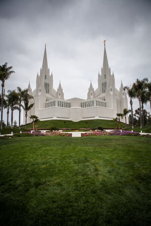 The entire San Diego California Temple, with a view of the grounds and palm trees on either side of the temple.