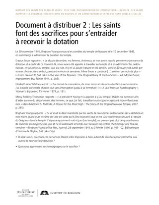 Document à distribuer 2 : Les saints font des sacrifices pour s’entraider à recevoir la dotation